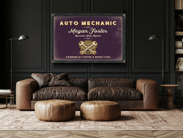 Personalized Auto Mechanic Sign, Powered by Coffee & Brake Fluid, Plum & Mustard, image 17