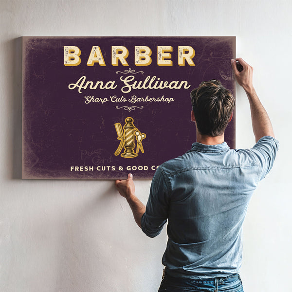 Personalized Barber Sign, Fresh Cuts & Good Company, Plum & Mustard, image 9