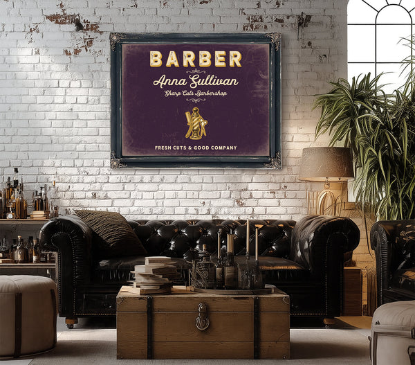 Personalized Barber Sign, Fresh Cuts & Good Company, Plum & Mustard, image 18