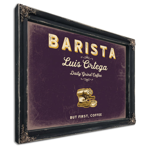 Personalized Barista Sign, But First, Coffee, Plum & Mustard, image 1