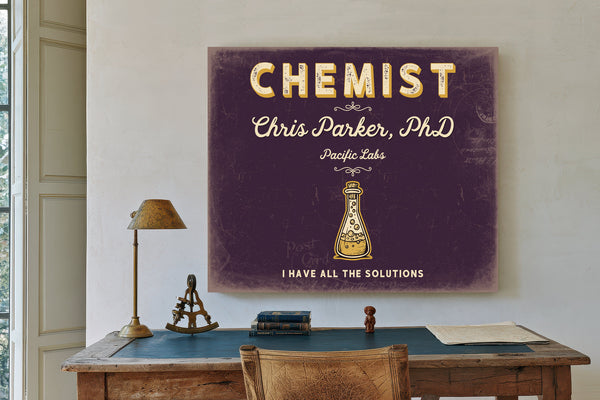 Personalized Chemist Sign, I Have All the Solutions, Plum & Mustard, image 2