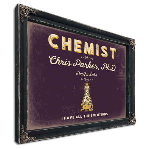 Personalized Chemist Sign, I Have All the Solutions, Plum & Mustard, image 1