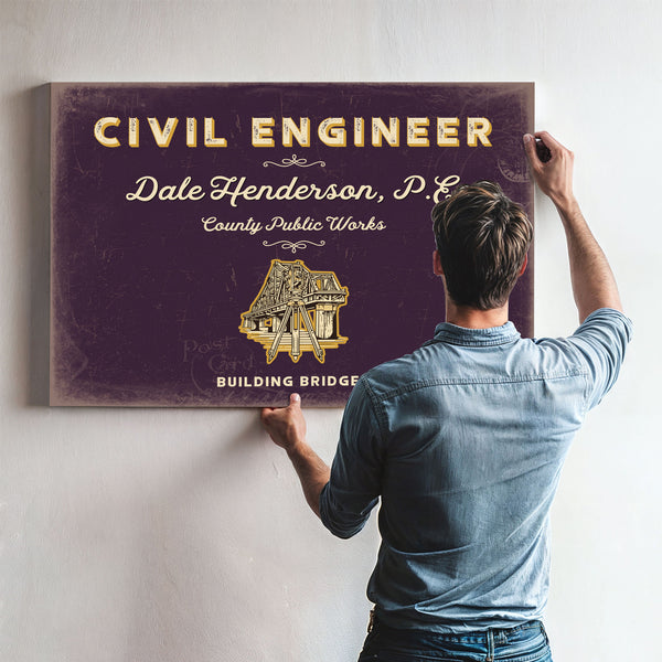 Personalized Civil Engineer Sign, Building Bridges, Plum & Mustard, image 9
