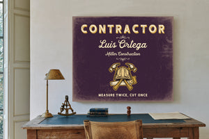 Personalized Contractor Sign, Measure Twice, Cut Once, Plum & Mustard, image 2