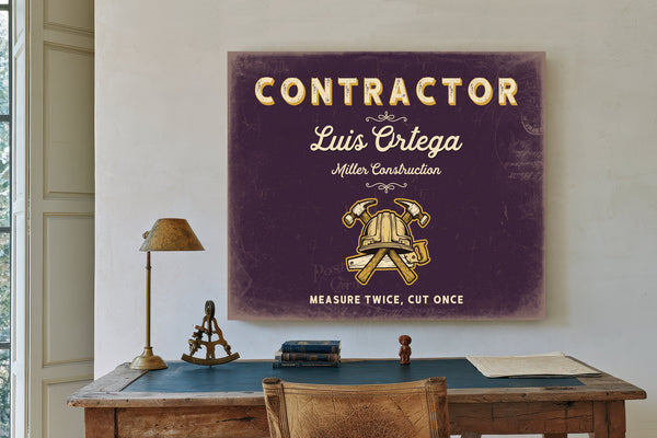 Personalized Contractor Sign, Measure Twice, Cut Once, Plum & Mustard, image 2
