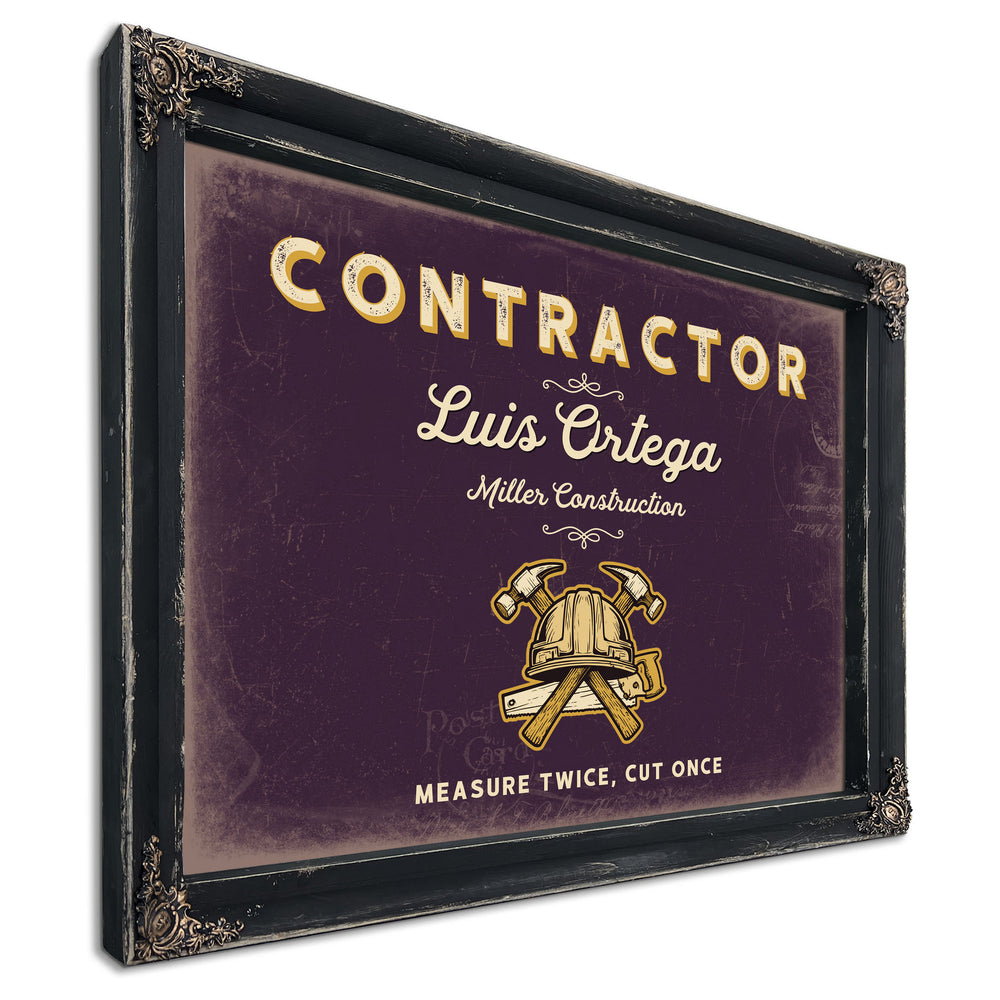 Personalized Contractor Sign, Measure Twice, Cut Once, Plum & Mustard, image 1