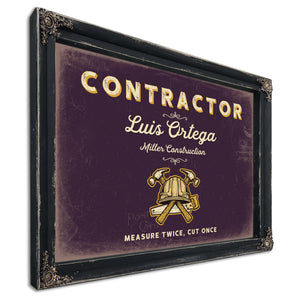 Personalized Contractor Sign, Measure Twice, Cut Once, Plum & Mustard, image 1