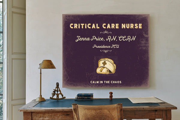 Personalized Critical Care Nurse Sign, Calm in the Chaos, Plum & Mustard, image 2