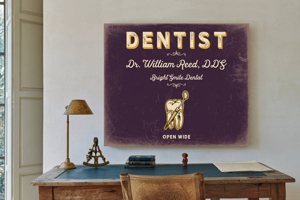Personalized Dentist Sign, Open Wide, Plum & Mustard, image 2