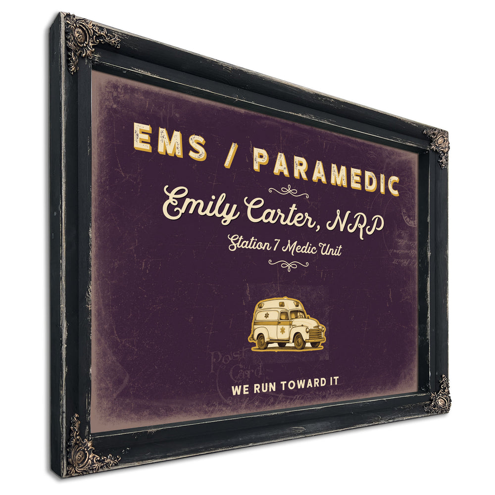 Personalized Paramedic Sign, We Run Toward It, Plum & Mustard, image 1