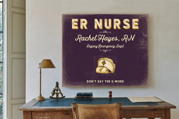 Personalized ER Nurse Sign, Don't Say the Q Word, Plum & Mustard, image 2