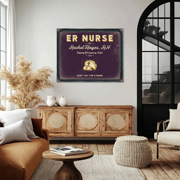 Personalized ER Nurse Sign, Don't Say the Q Word, Plum & Mustard, image 4
