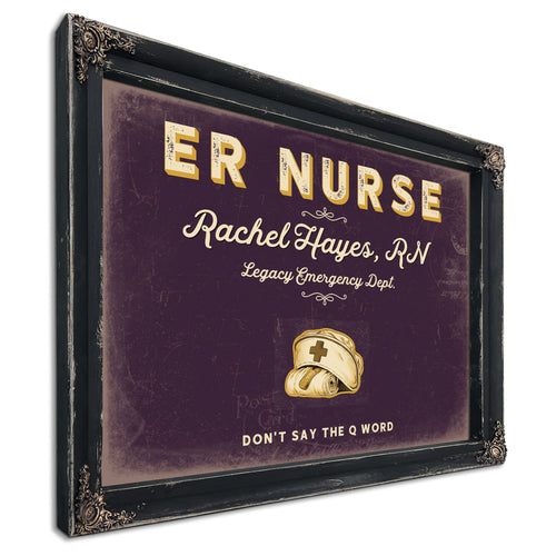 Personalized ER Nurse Sign, Don't Say the Q Word, Plum & Mustard, image 1
