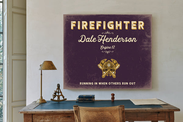 Personalized Firefighter Sign, Running In When Others Run Out, Plum & Mustard, image 2