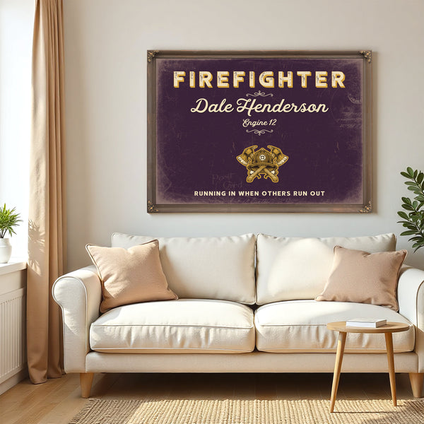 Personalized Firefighter Sign, Running In When Others Run Out, Plum & Mustard, image 5