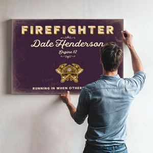 Personalized Firefighter Sign, Running In When Others Run Out, Plum & Mustard, image 9