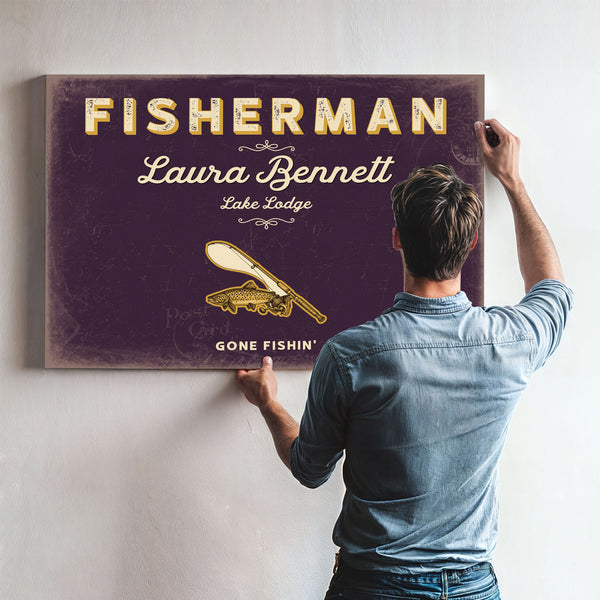 Personalized Fisherman Sign, Gone Fishin', Plum & Mustard, image 9