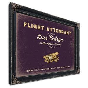 Personalized Flight Attendant Sign, Do Not Make Me Use My Flight Attendant Voice, Plum & Mustard, image 1
