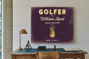 Personalized Golfer Sign, Grip It & Sip It, Plum & Mustard, image 2