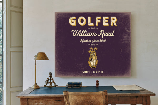 Personalized Golfer Sign, Grip It & Sip It, Plum & Mustard, image 2