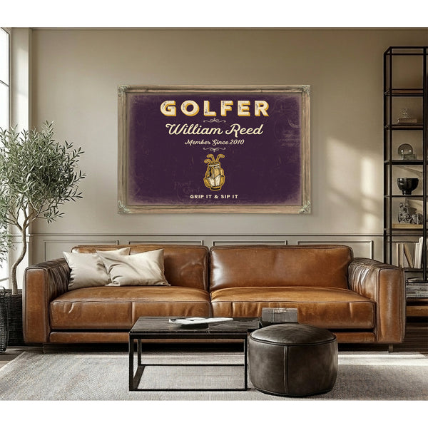 Personalized Golfer Sign, Grip It & Sip It, Plum & Mustard, image 3