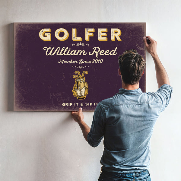 Personalized Golfer Sign, Grip It & Sip It, Plum & Mustard, image 9