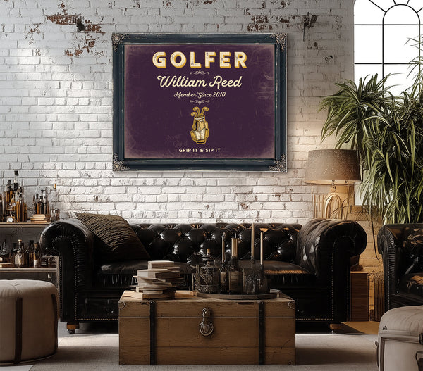 Personalized Golfer Sign, Grip It & Sip It, Plum & Mustard, image 18