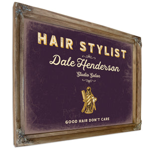 Personalized Hair Stylist Sign, Good Hair Don't Care, Plum & Mustard, image 6