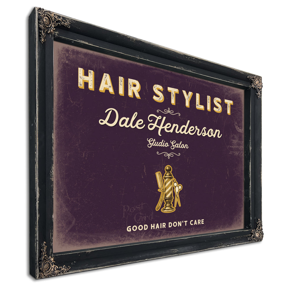 Personalized Hair Stylist Sign, Good Hair Don't Care, Plum & Mustard, image 1