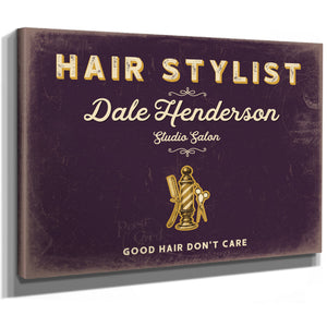 Personalized Hair Stylist Sign, Good Hair Don't Care, Plum & Mustard, image 8