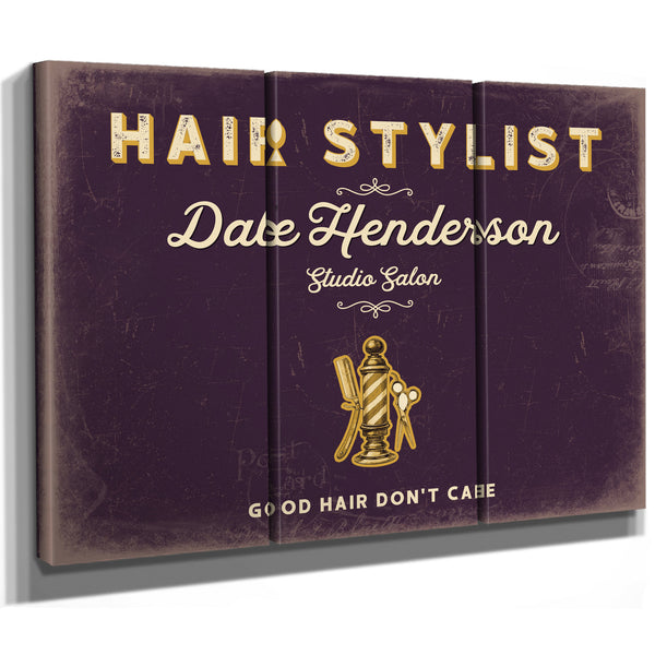Personalized Hair Stylist Sign, Good Hair Don't Care, Plum & Mustard, image 14