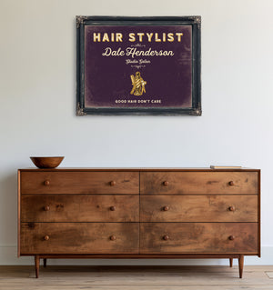 Personalized Hair Stylist Sign, Good Hair Don't Care, Plum & Mustard, image 19