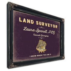 Personalized Land Surveyor Sign, I Know Where the Line Is, Plum & Mustard, image 1
