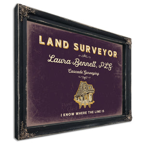 Personalized Land Surveyor Sign, I Know Where the Line Is, Plum & Mustard, image 1