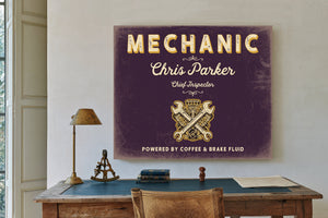 Personalized Mechanic Sign, Powered by Coffee & Brake Fluid, Plum & Mustard, image 2