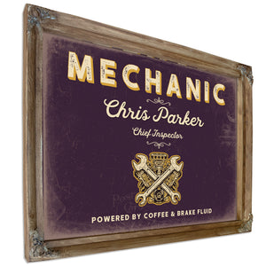 Personalized Mechanic Sign, Powered by Coffee & Brake Fluid, Plum & Mustard, image 6