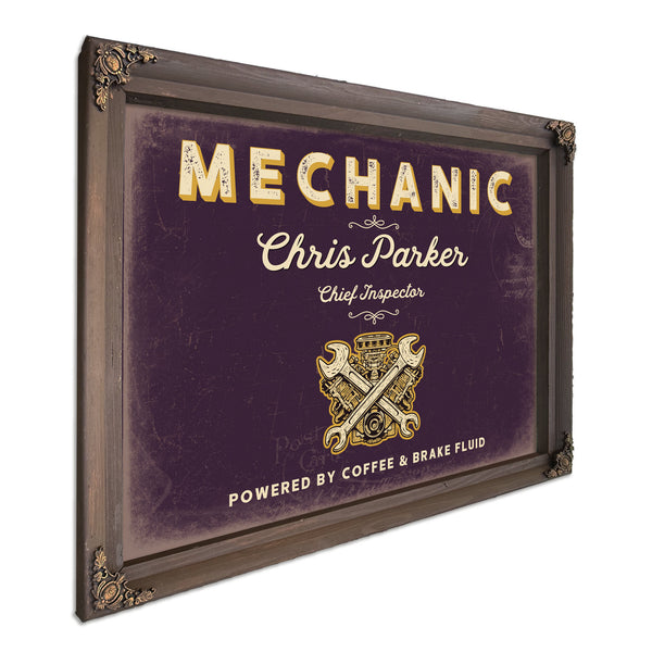 Personalized Mechanic Sign, Powered by Coffee & Brake Fluid, Plum & Mustard, image 7
