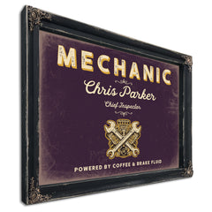 Personalized Mechanic Sign, Powered by Coffee & Brake Fluid, Plum & Mustard, image 1