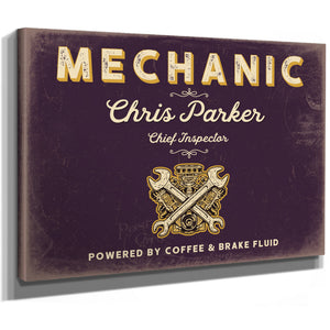 Personalized Mechanic Sign, Powered by Coffee & Brake Fluid, Plum & Mustard, image 8