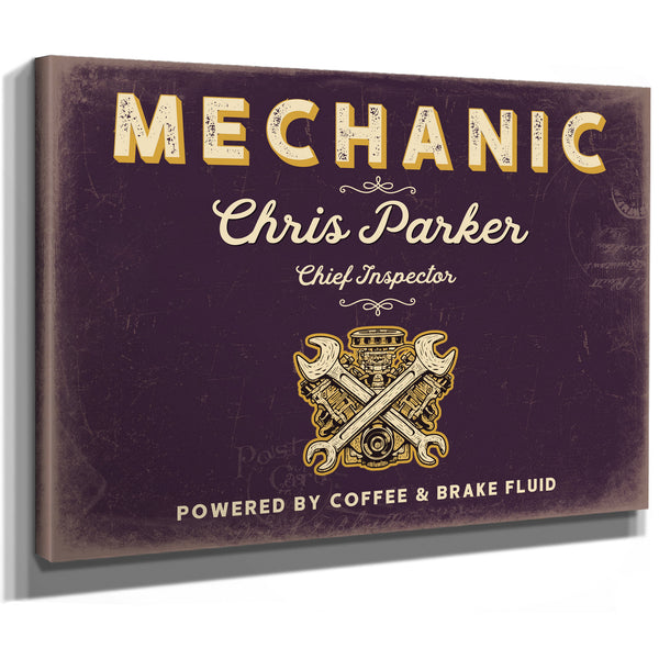 Personalized Mechanic Sign, Powered by Coffee & Brake Fluid, Plum & Mustard, image 8