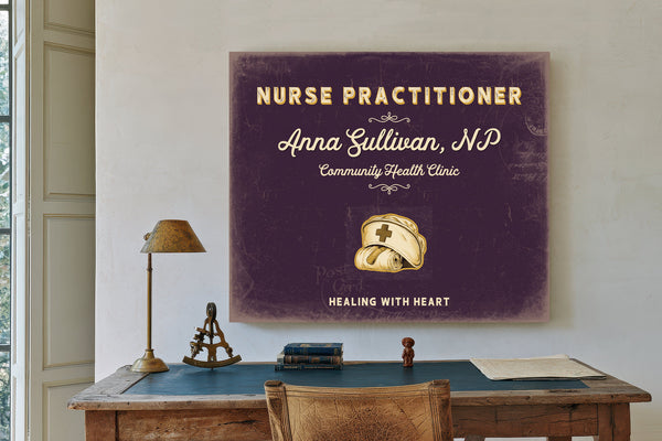 Personalized Nurse Practitioner Sign, Healing With Heart, Plum & Mustard, image 2