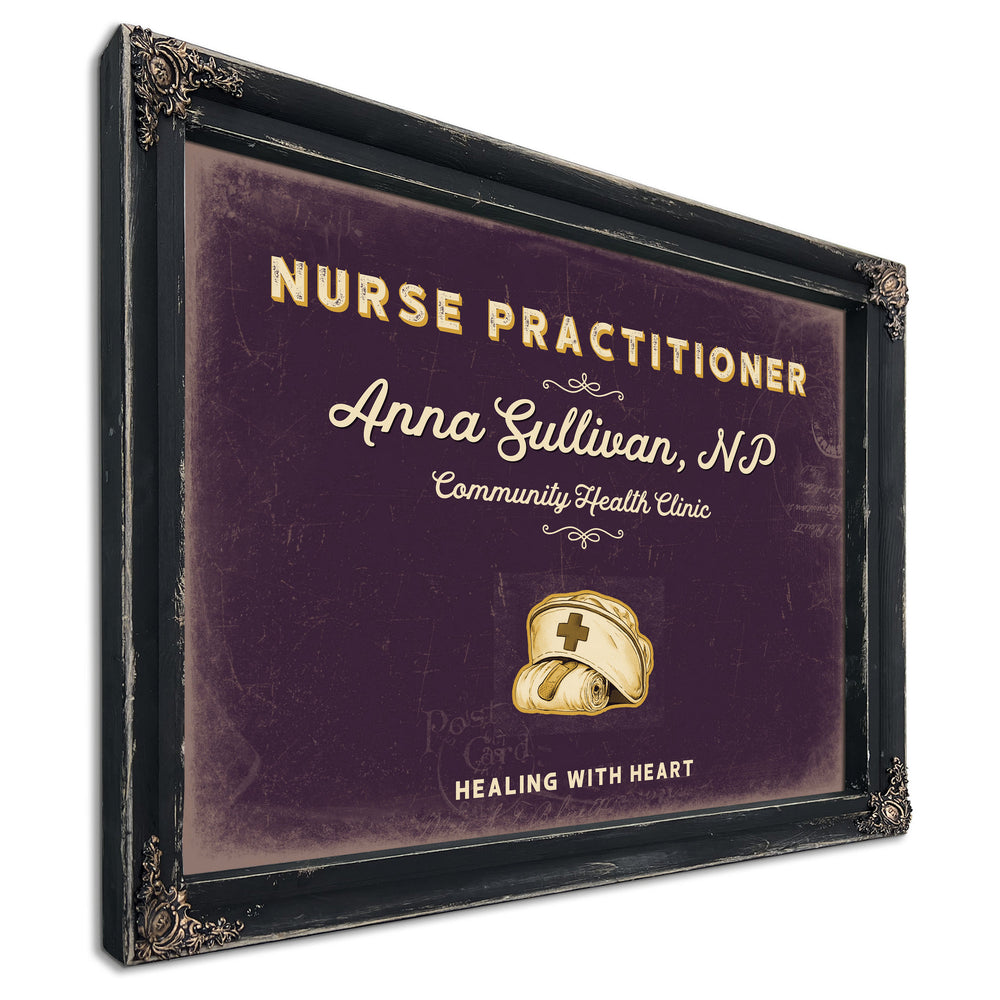 Personalized Nurse Practitioner Sign, Healing With Heart, Plum & Mustard, image 1