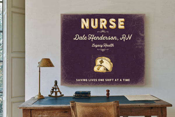 Personalized Nurse Sign, Saving Lives One Shift at a Time, Plum & Mustard, image 2
