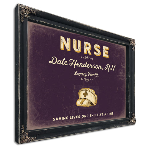 Personalized Nurse Sign, Saving Lives One Shift at a Time, Plum & Mustard, image 1