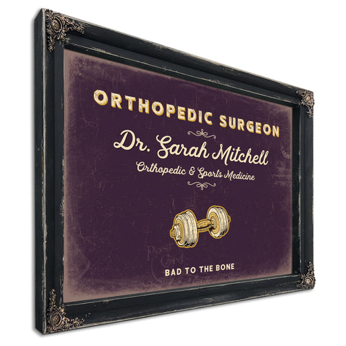 Personalized Orthopedic Surgeon Sign, Bad to the Bone, Plum & Mustard, image 1