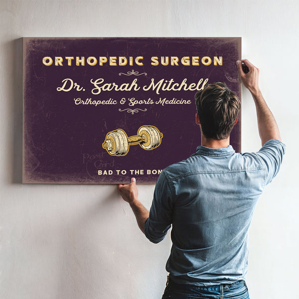 Personalized Orthopedic Surgeon Sign, Bad to the Bone, Plum & Mustard, image 9