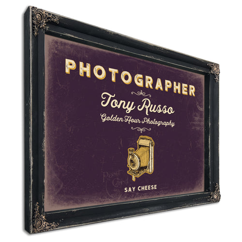 Personalized Photographer Sign, Say Cheese, Plum & Mustard, image 1