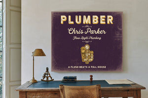 Personalized Plumber Sign, A Flush Beats a Full House, Plum & Mustard, image 2