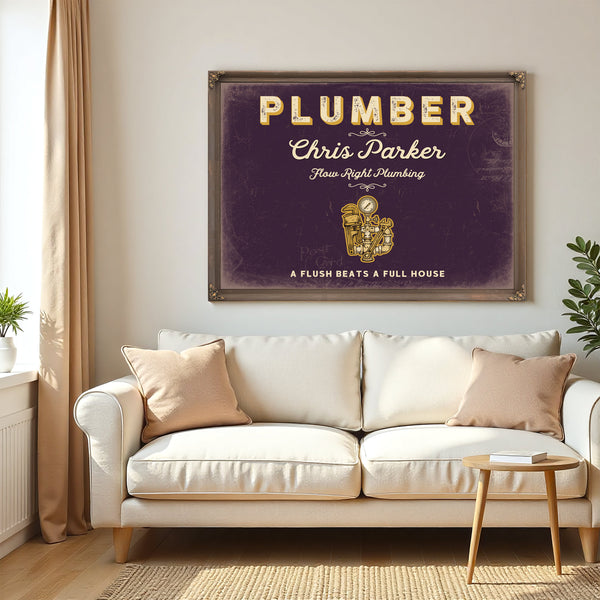 Personalized Plumber Sign, A Flush Beats a Full House, Plum & Mustard, image 5