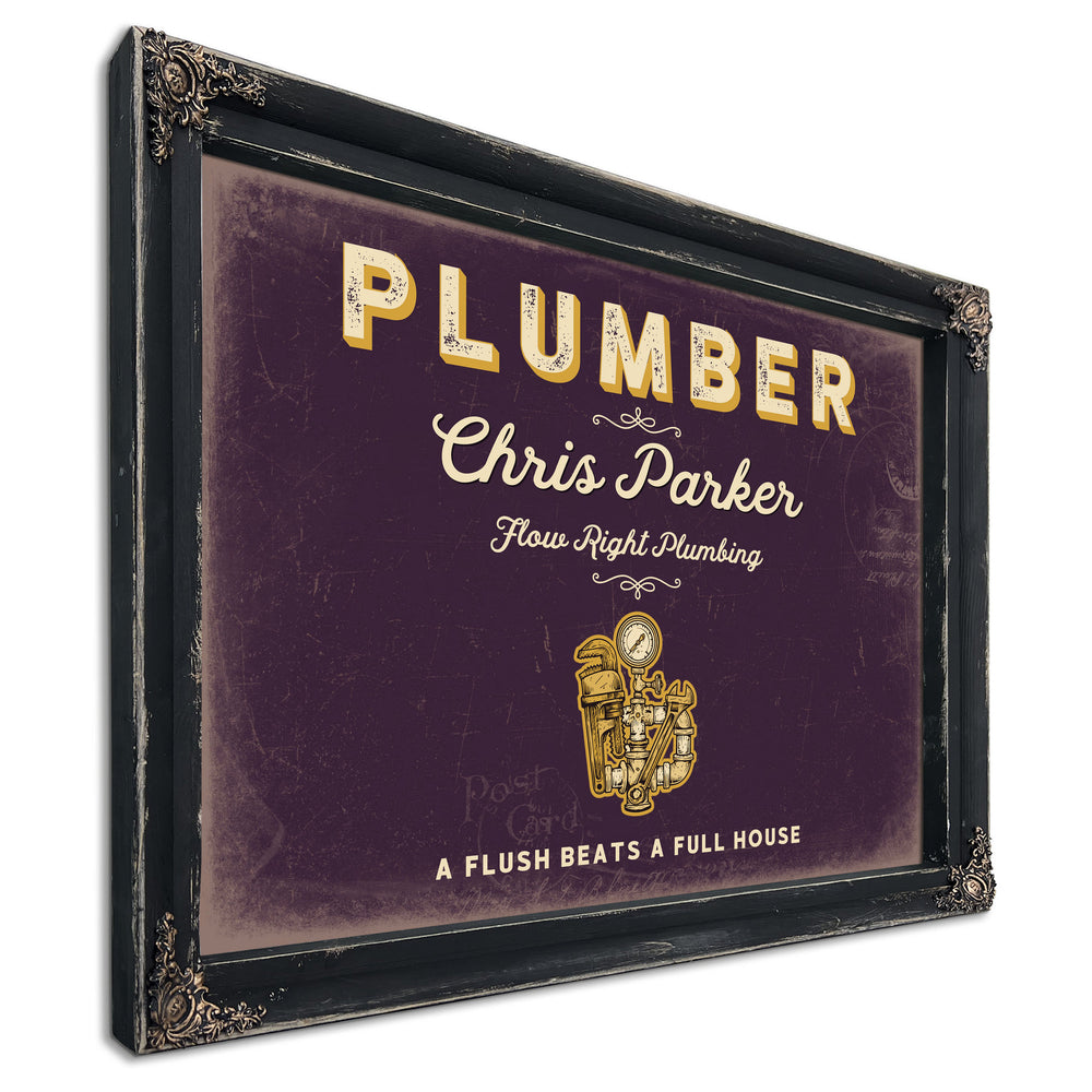 Personalized Plumber Sign, A Flush Beats a Full House, Plum & Mustard, image 1